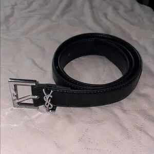 Yves Saint Laurent Black Leather Belt with Silver Buckle